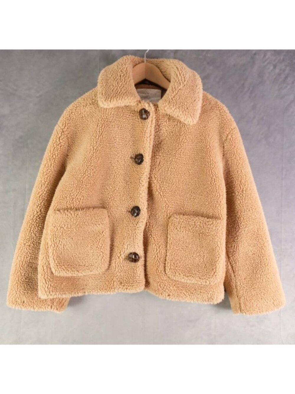 Zara Jacket Womens Small Camel Solid Teddy Bear Jacket Deep Pile Fleece Button